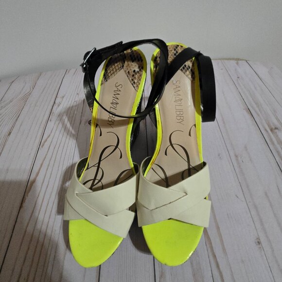 ๐ผ Sam & Libby Colorblock Wedge Sandals | Yellow, Black, White Womens' Size 10 - Picture 2 of 13
